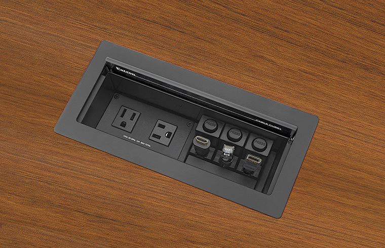 Cable Cubby 1202 accommodates one AC or AC+USB power module, plus three Retractor modules, eight AV cables, or three AAP™ AV Connectivity Modules