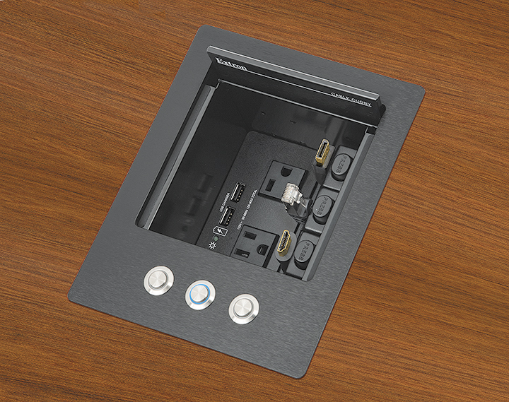Cable Cubby 500 CCB accommodates one AC or AC+USB Power Module, plus three Retractor modules, four AV cables, or two AAP AV Connectivity Modules