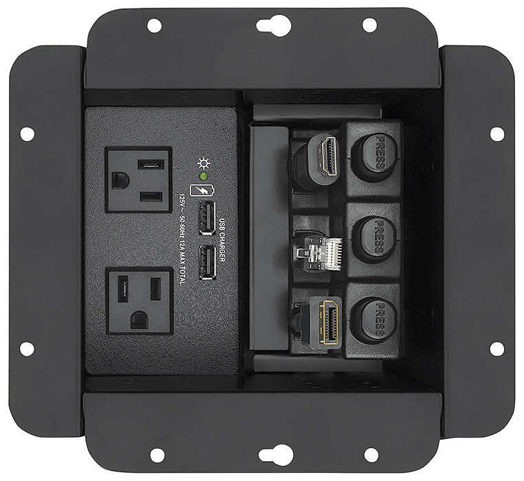 Cable Cubby 650 UT accommodates AC or AC+USB power module, plus up to three Retractor modules, eight AV cables, and/or three AAP™ AV Connectivity Modules