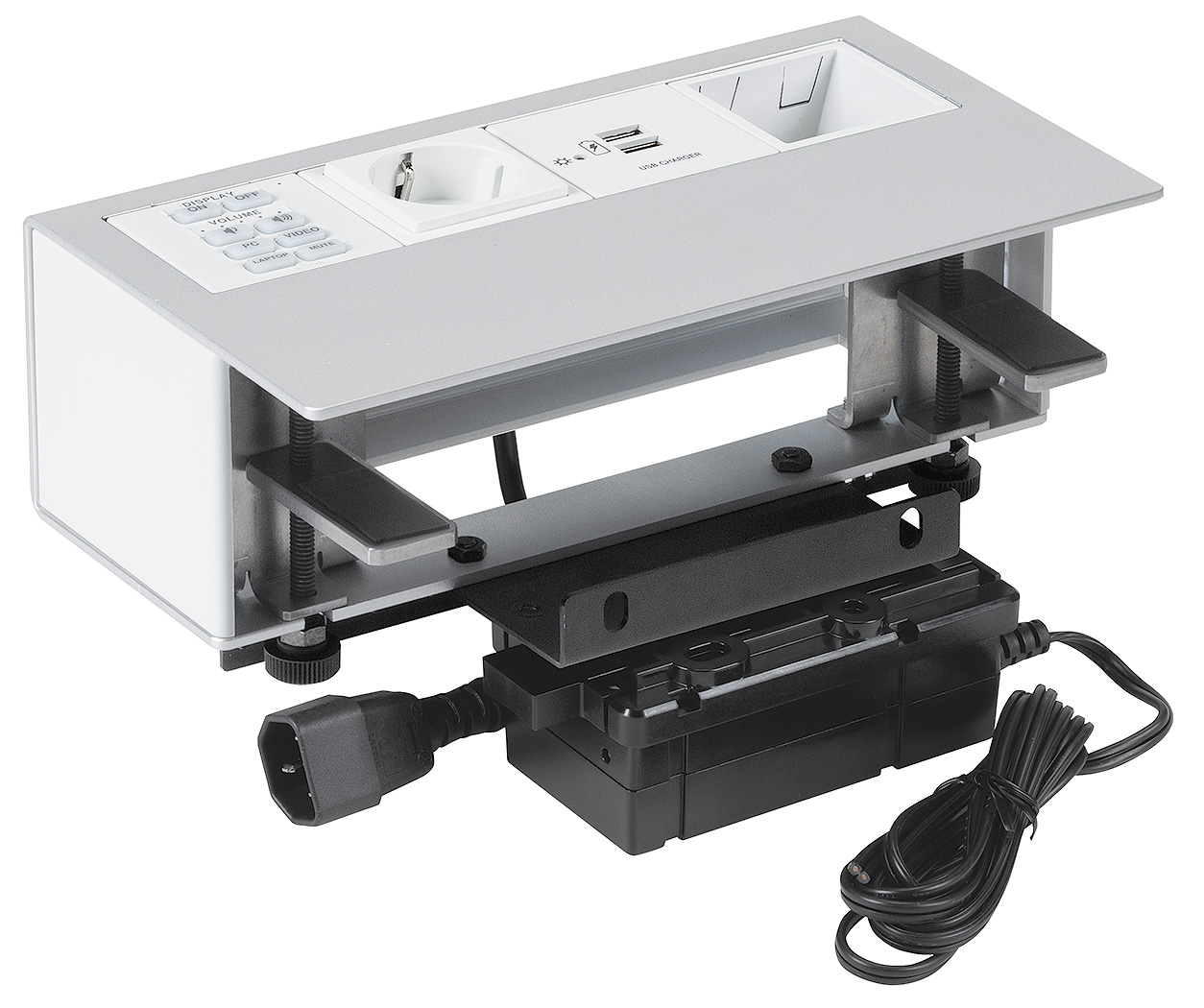 Cable Cubby F55 Edge is compatible with ZipClip and PMK 155 mounting products to install power supplies and other devices beneath the table for a quick and secure installation