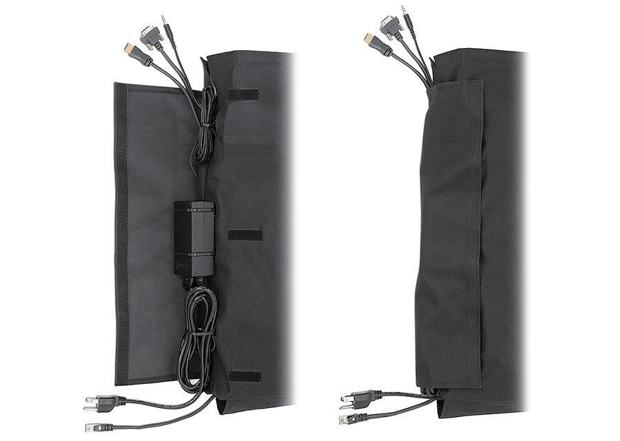 CableCover Small and Large feature a covered exterior channel with tie-down openings for cables and Extron PS Series power supply