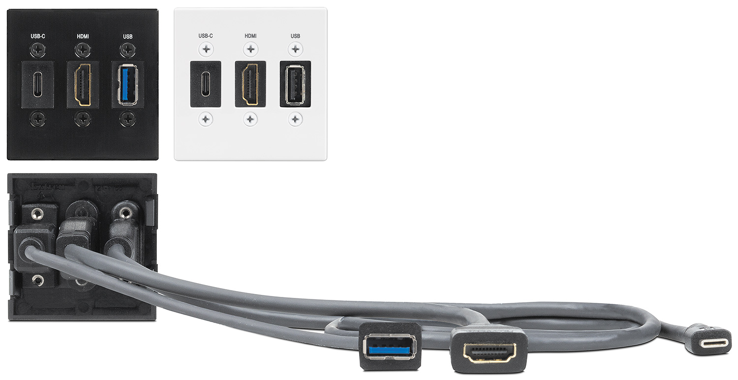 Flex55 SuperPlate 170 and Flex55 SuperPlate 173 feature one HDMI, USB-C, USB 2.0 and/or USB 3.2 connectors on black and white modules