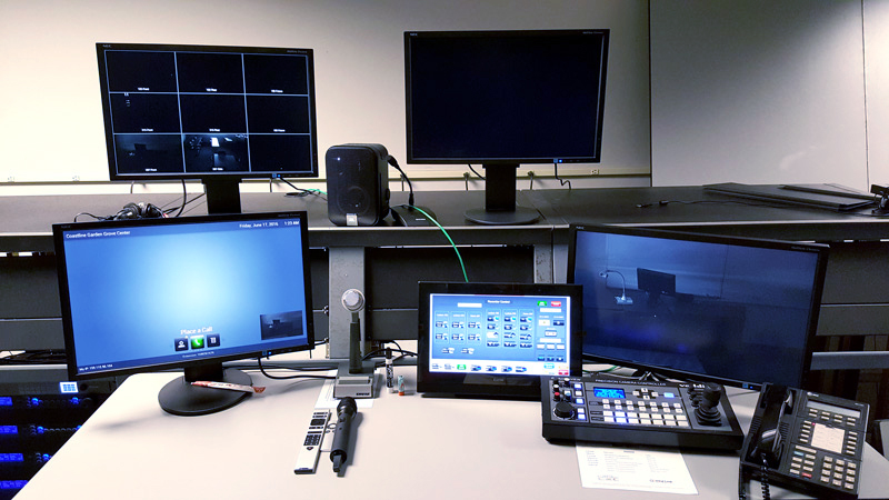 A control room with AV equipment