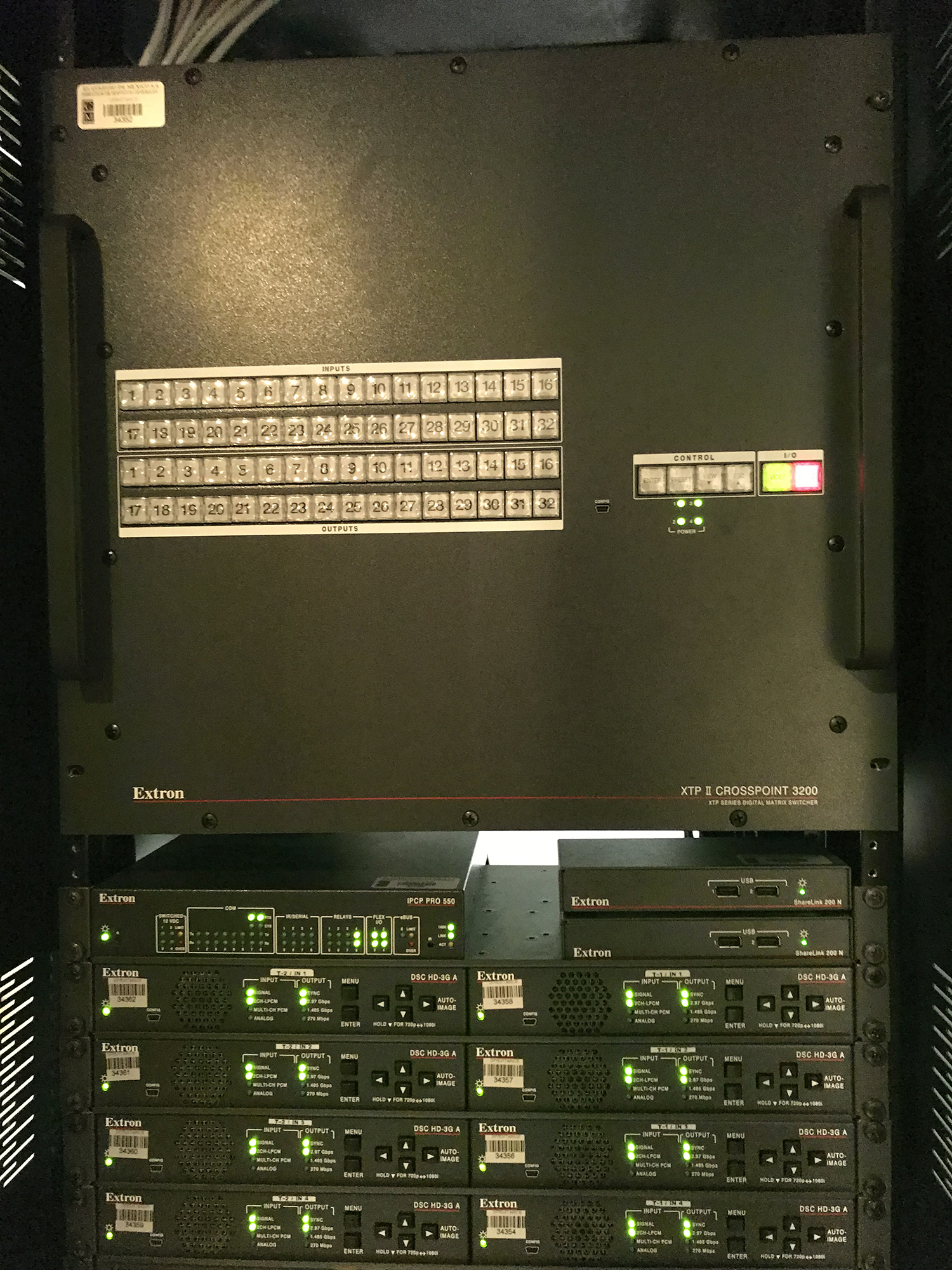 An Extron XTP II CrossPoint 3200 matrix switcher