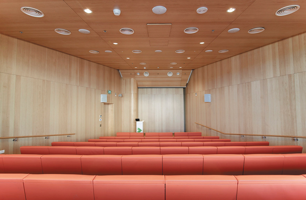 The largest room at the facility is the 120-seat auditorium. It shares the digital switching system with the adjacent executive boardroom.