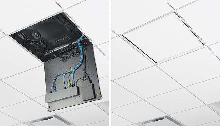 The PlenumVault mount accepts a trimmed ceiling tile to match the room environment and keep sensitive equipment hidden from view.