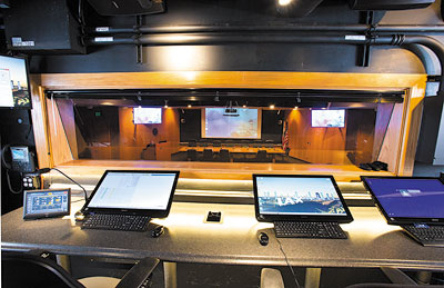 The mezzanine-style control room offers complete AV system operation and a clear view of displayed content within LAX's 100-seat Samuel Greenberg Boardroom.
