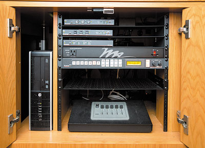 Two XTP T USW 103 switchers and the Annotator offer local or connected source selection and presentation enhancement from the front of the room.