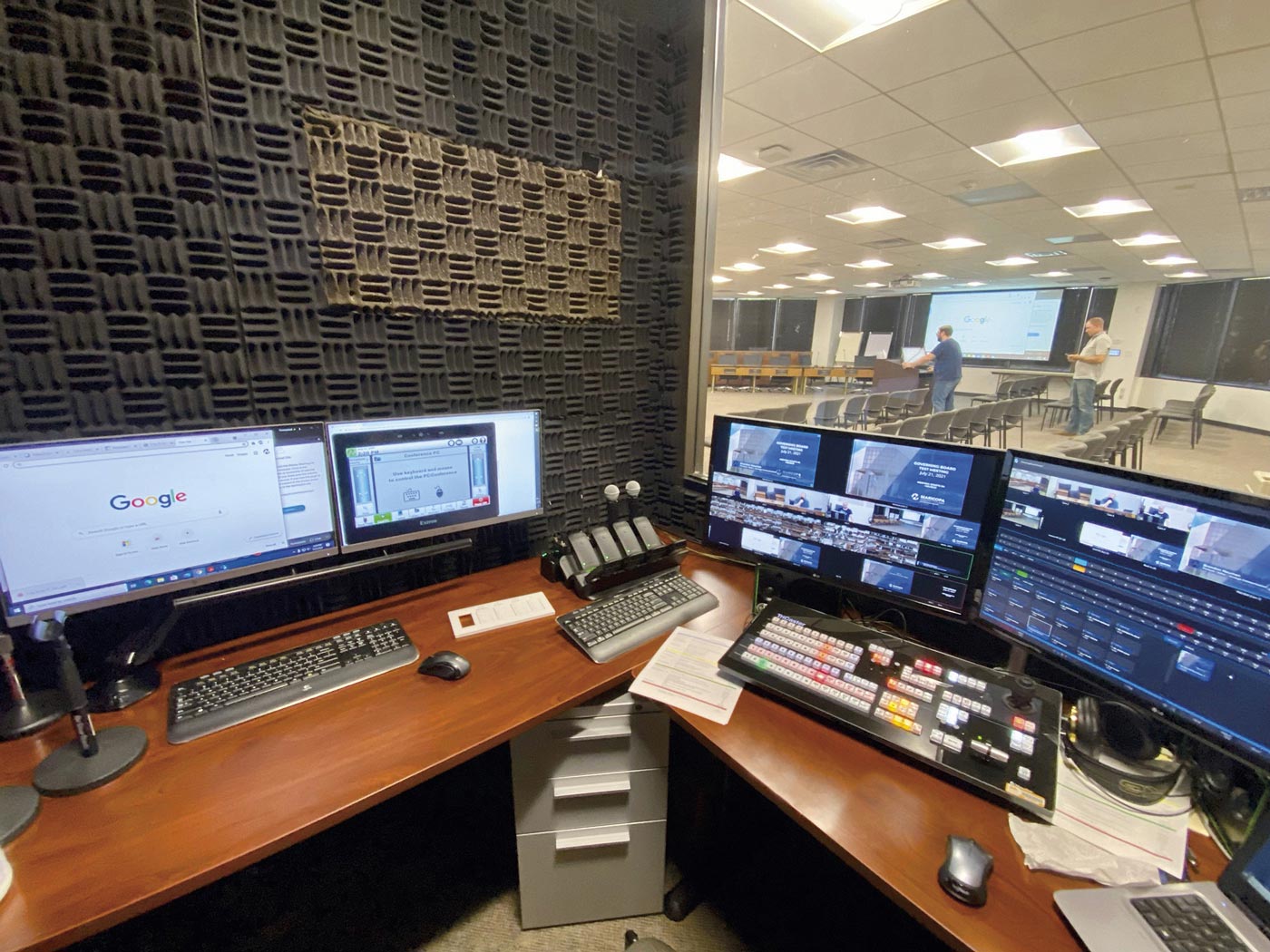 The television crew relies on the MCCCD operator in the control room to ensure that a session of the governing board is available to broadcast. An Extron DSC HD-3G A HDMI to 3G-SDI scaler with Audio Embedding converts signals for their use - interior