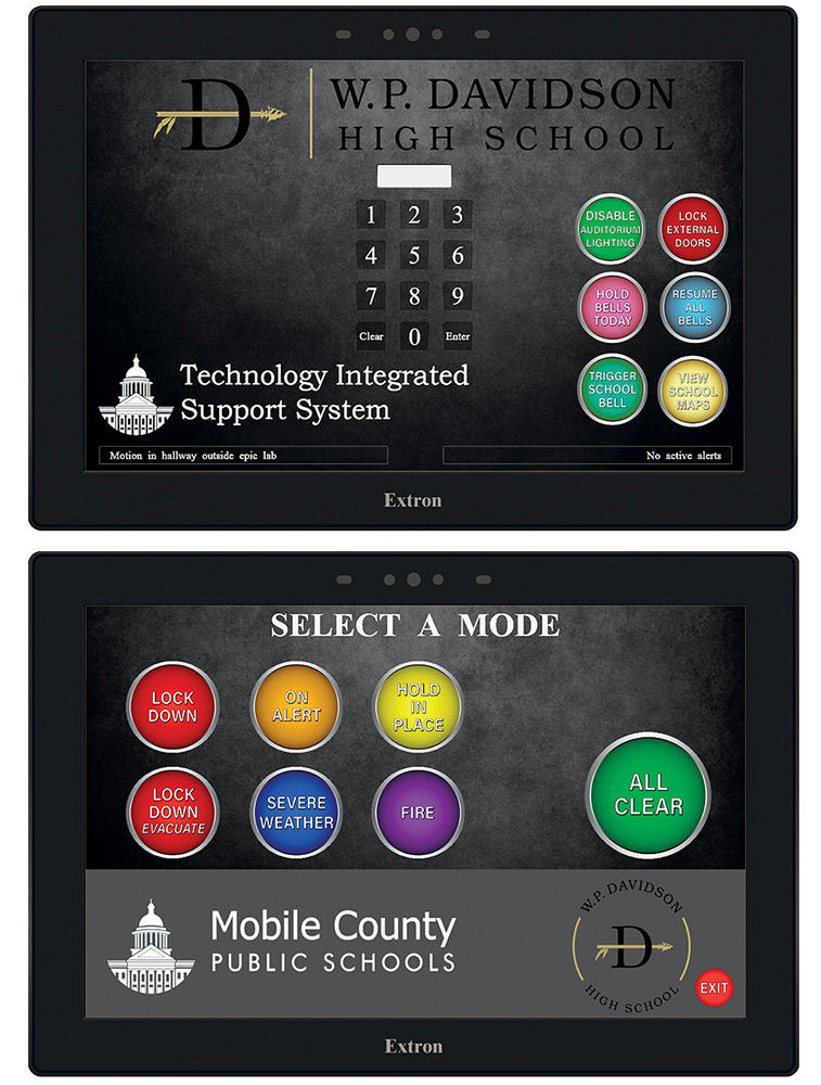 The appropriate campus security status can easily be selected using color-coded pushbuttons located on Extron TouchLink Pro touchpanels