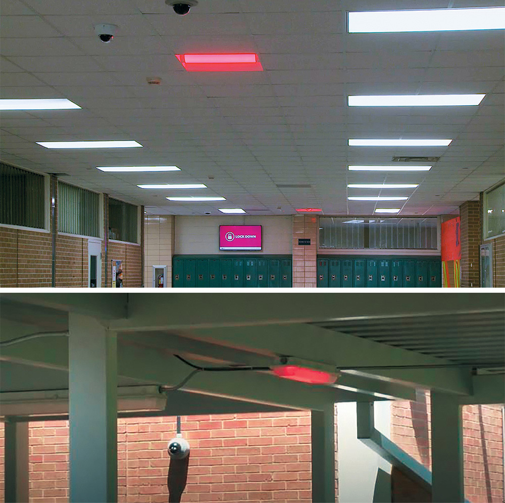 Color-changing IP LED lights in hallways, stairwells, and outdoor walkways indicate color-coded alert status.
