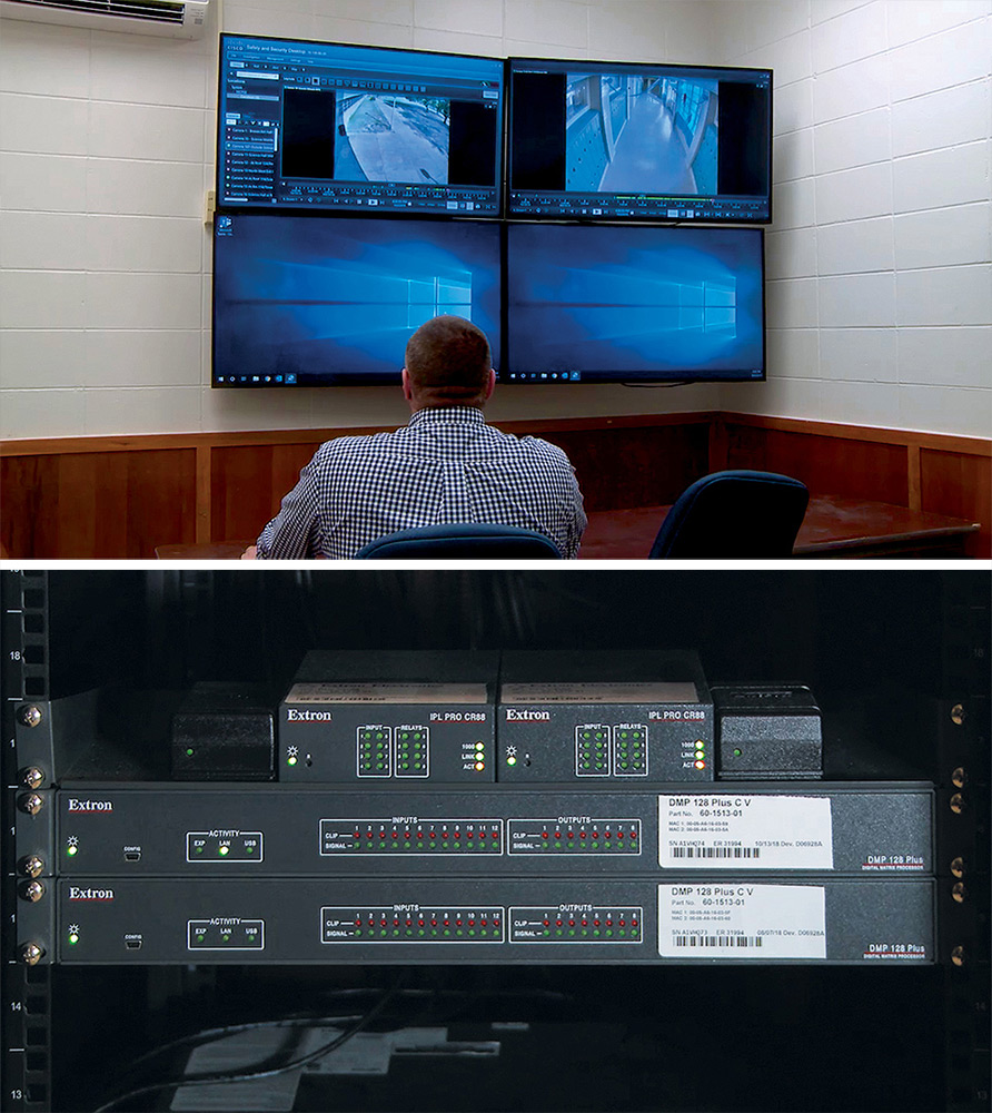 A locked control room houses security system monitoring, recording, switching, and control equipment.