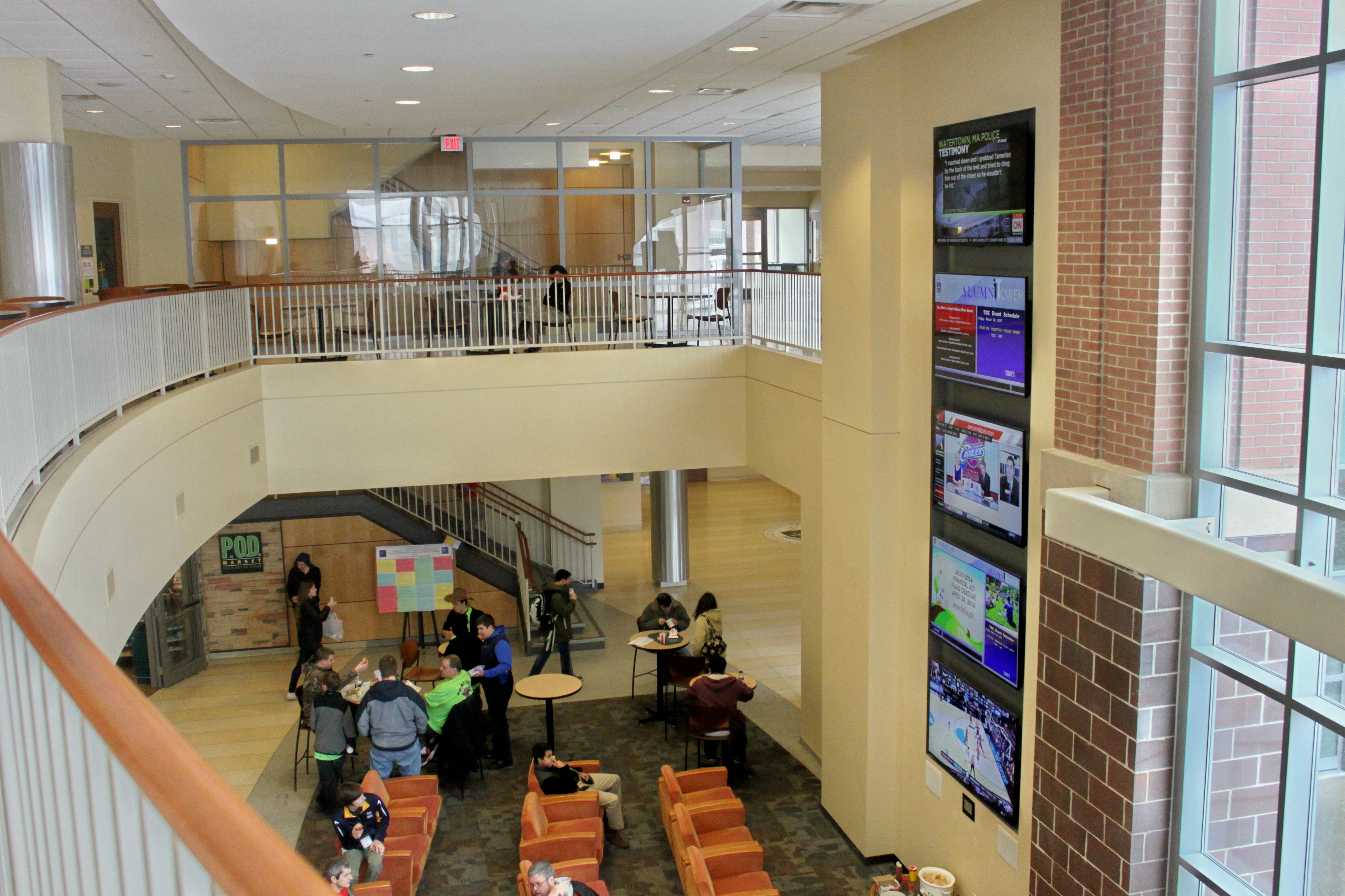 DeNaples Student Center’s Alumni Tower with five flat panel displays mounted on wall