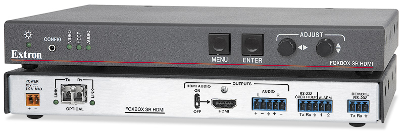 Extron FOXBOX HDMI and DVI Plus receivers are mounted discreetly behind the panels and above the projectors, delivering content throughout the facility
