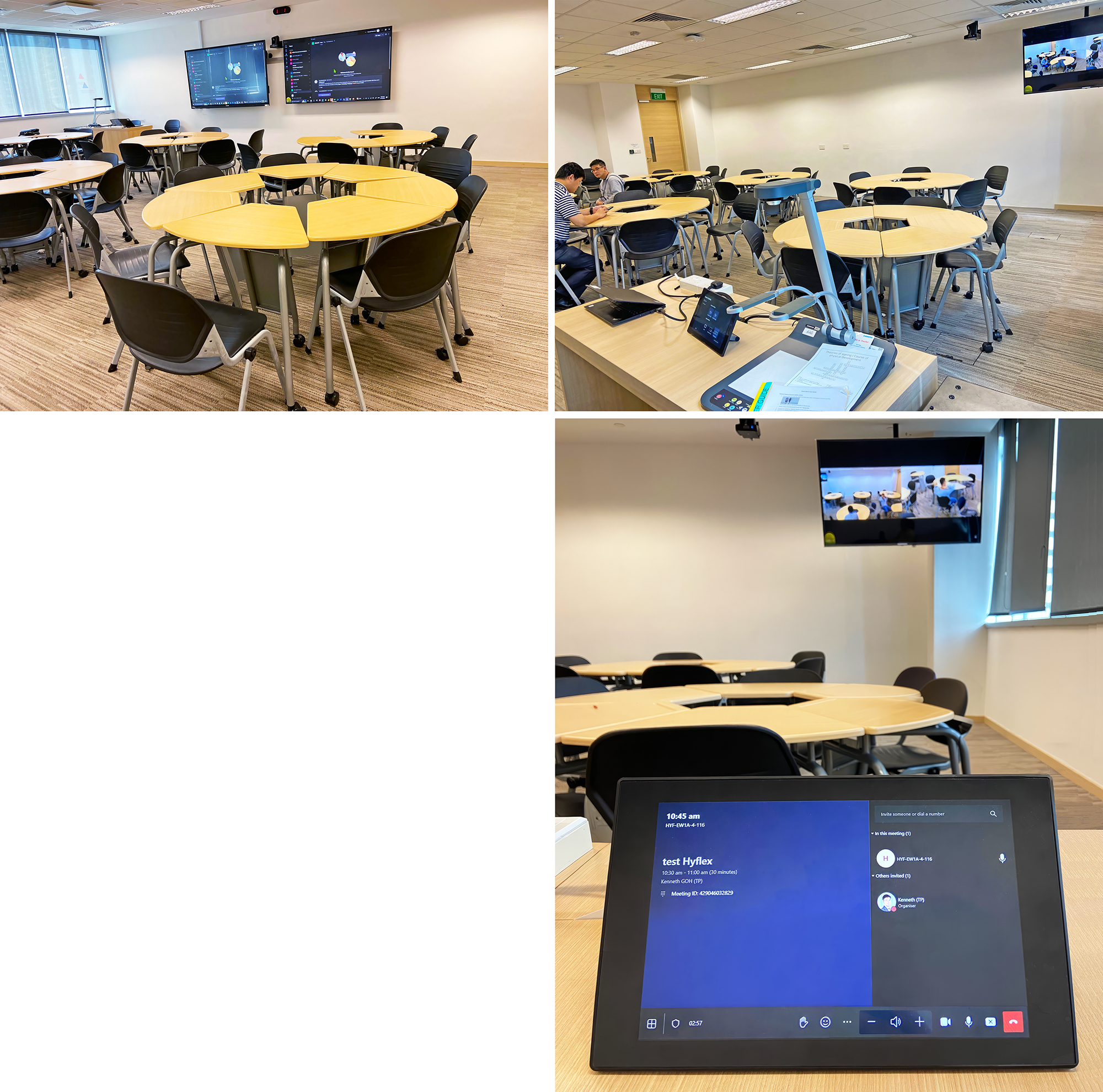 This HyFlex classroom is configured for active learning. Students in the classroom gather around circular tables. Remote students view the room through PTZ cameras. Instructors control the AV system through a Lenovo ThinkSmart touchpanel. Extron LinkLicense® For User Interfaces allows the Lenovo touchpanel to operate seamlessly with the Extron AV system control processor, which creates the touchpanel graphical user interface and executes selections made at the touchpanel. All photos courtesy of Temasek Polytechnic and Digiworz PTE, Ltd.
