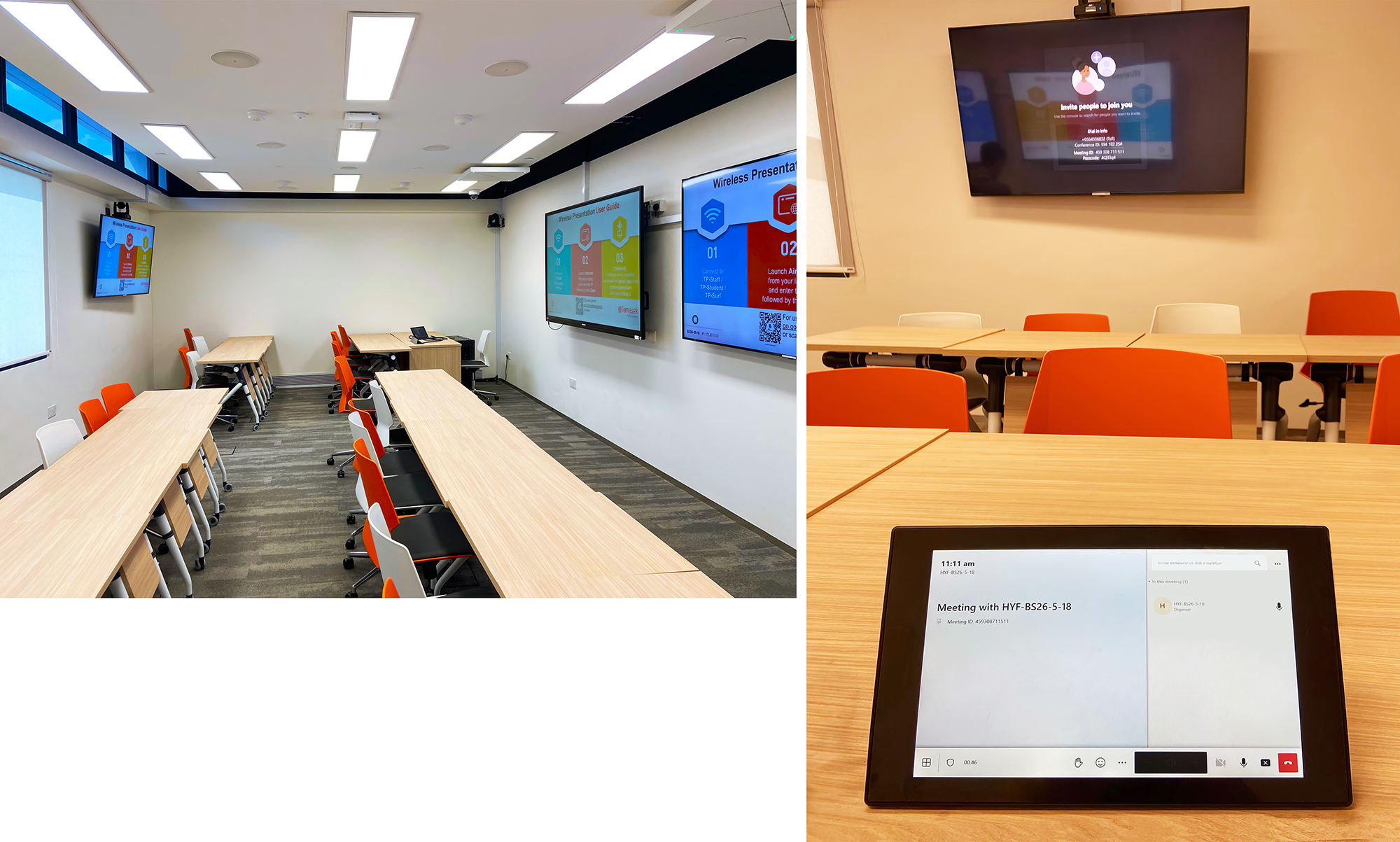 This HyFlex classroom is configured for conventional lecture delivery. Students in the classroom sit at rows of desks facing the displays. Remote students view the room through PTZ cameras.