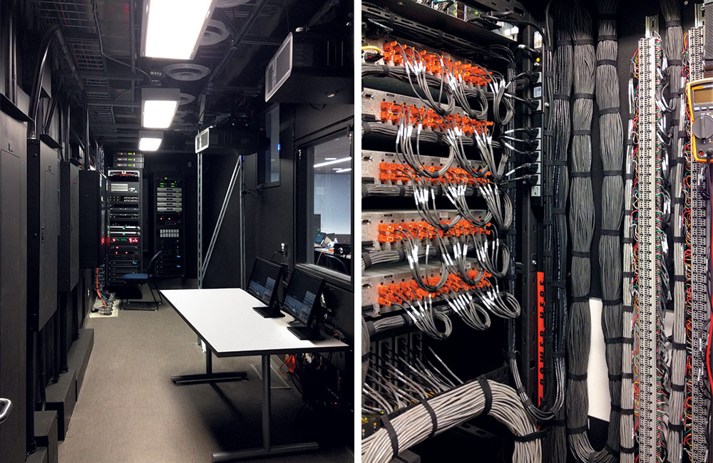 LEFT: Placing racks in a facility’s central control room helps reduce noise in DVP-enabled spaces and provides a cool environment for the equipment. RIGHT: Cabling is neatly bundled and properly labeled according to best practices.