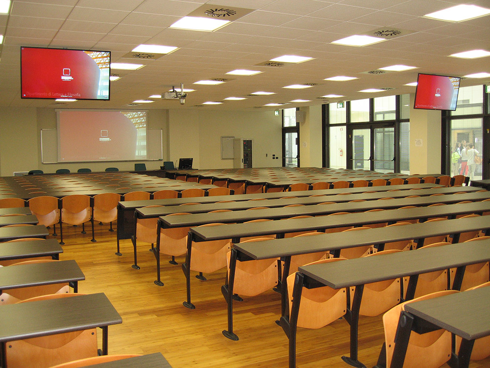 Larger classrooms include multiple display devices to ensure optimal viewing.