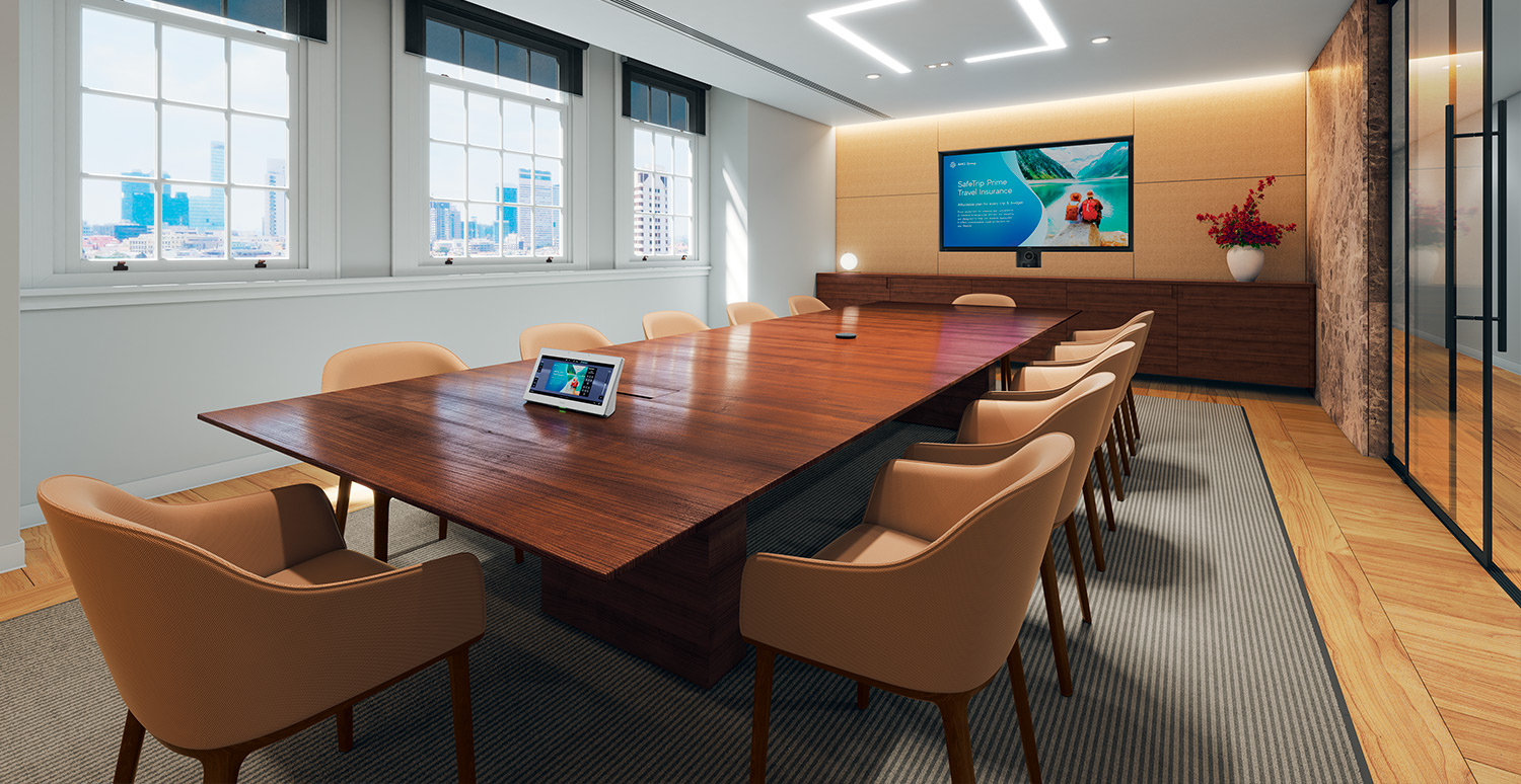 A large conference room with a touchpanel mirroring the monitor on the wall.