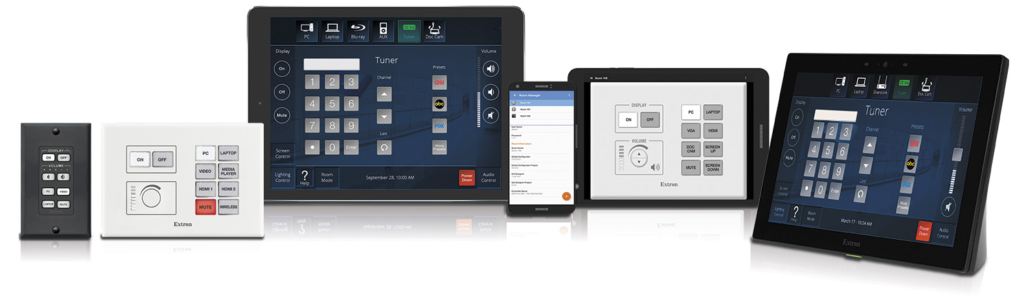 TouchLink Pro Touchpanels, eBUS devices, Network Button Panels, and a mobile device using the Extron Control App