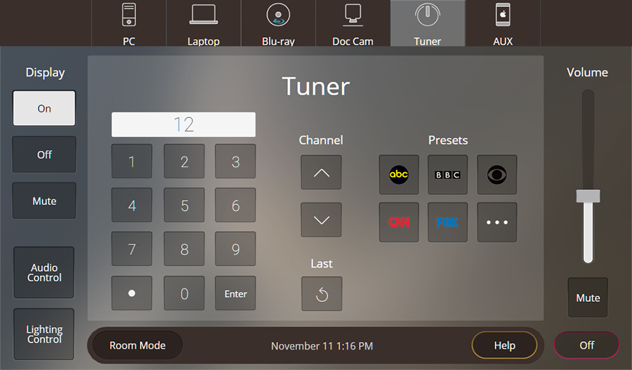 A gray screen with various buttons such as channel, audio and video control, and presets.
