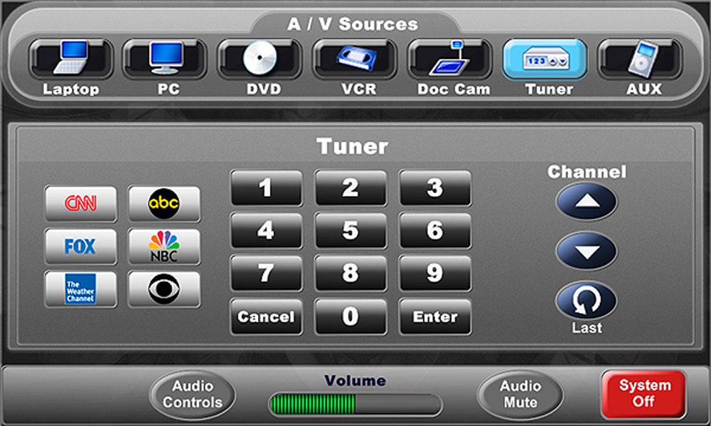 A gray tuner screen with various buttons such as keypads, channel, and audio controls.