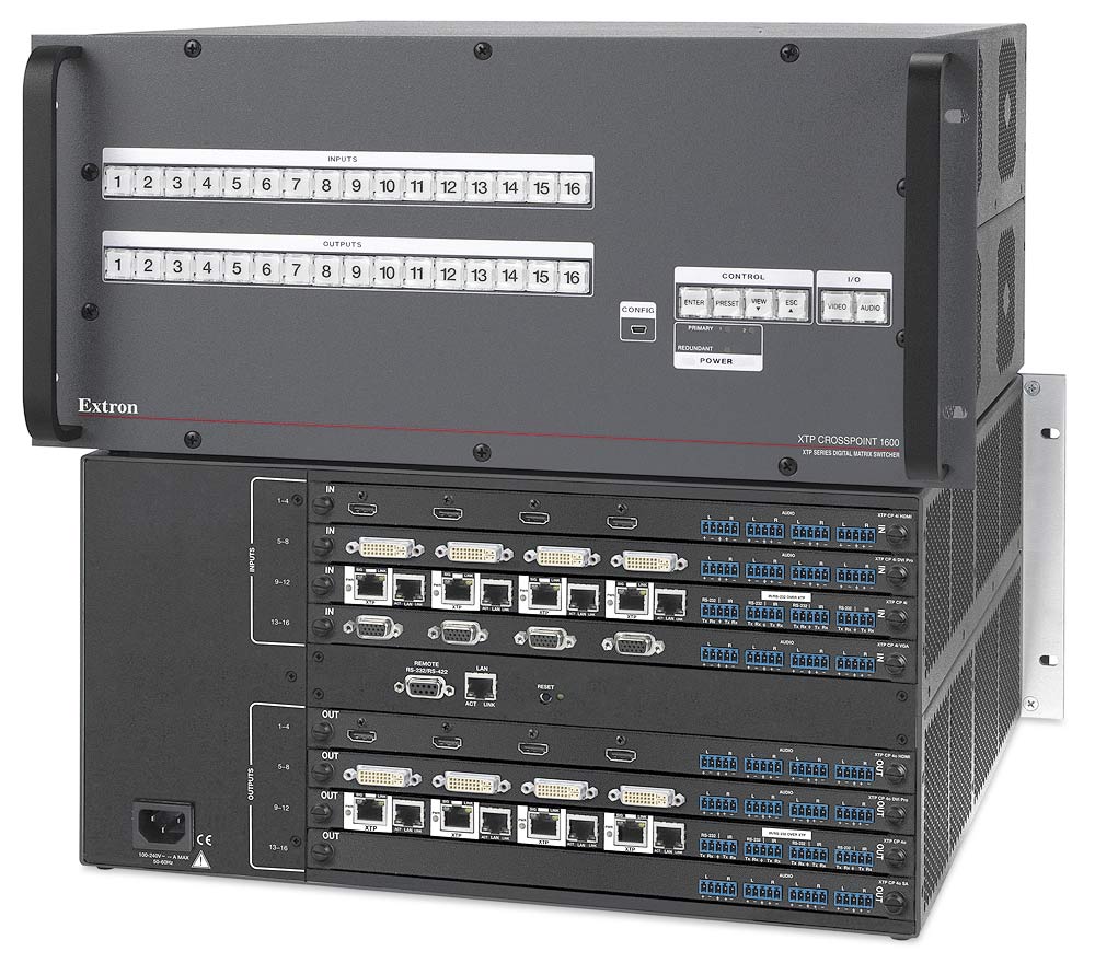 The Extron XTP CrossPoint 1600 provides flexible, reliable digital and analog video switching and distribution between local and remote endpoints.