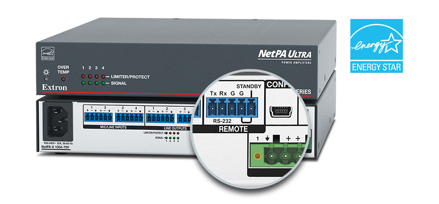 The Energy Star logo next to the standby control port on the rear panel of the NetPA 1004.