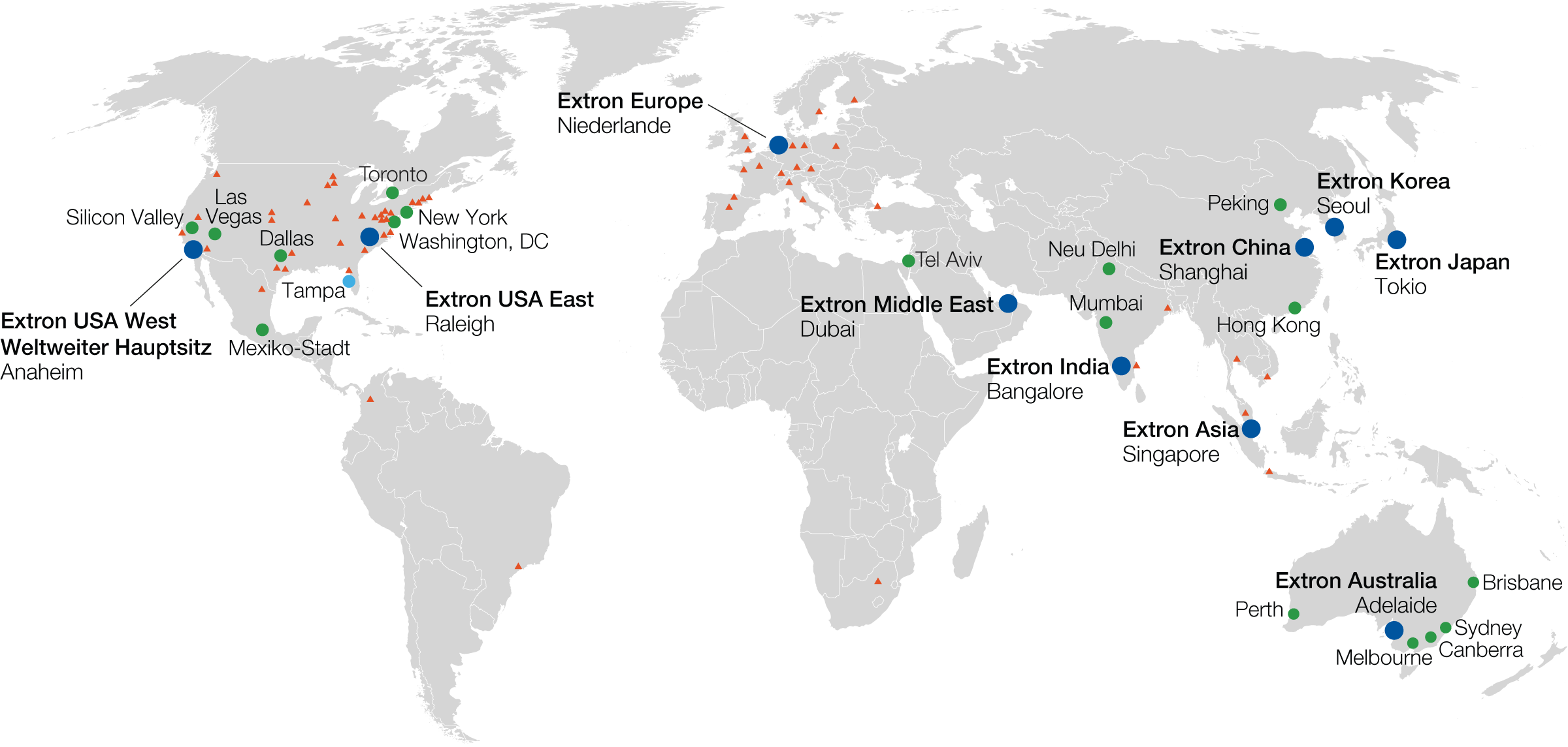A world map showing main Extron offices and regional training and support centers.