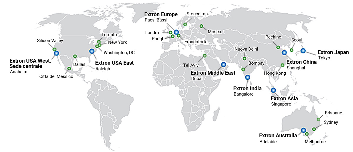 A world map showing main Extron offices and regional training and support centers.