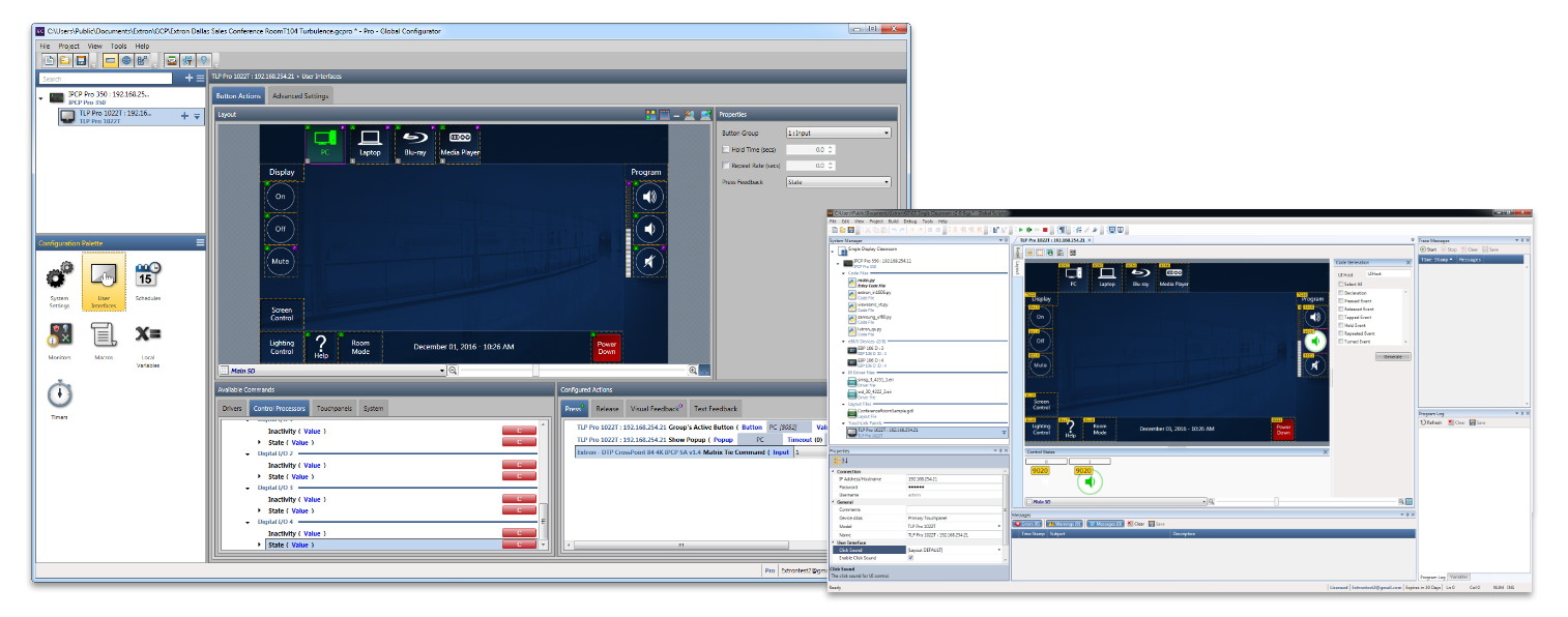 Screenshots einer GC Pro- und Global Scripter-Software-Benutzeroberfläche.