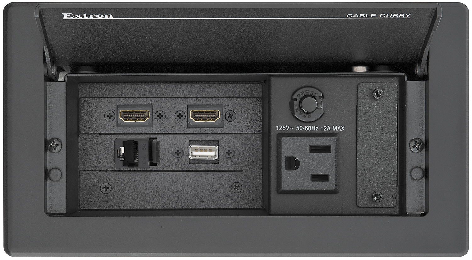 Cable Cubby 222 US shown with optional AV connectivity modules