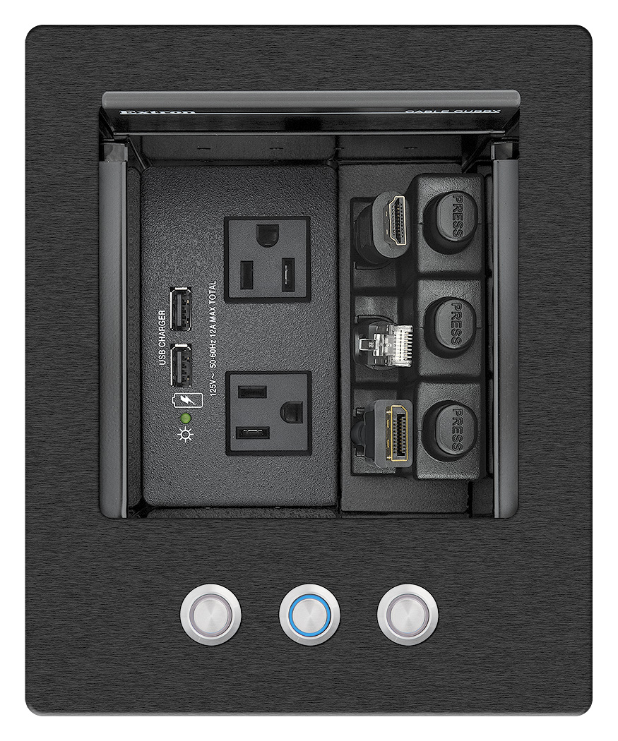Cable Cubby 500 CCB features three raised buttons to provide convenient control to Extron switchers and other products with contact closure ports