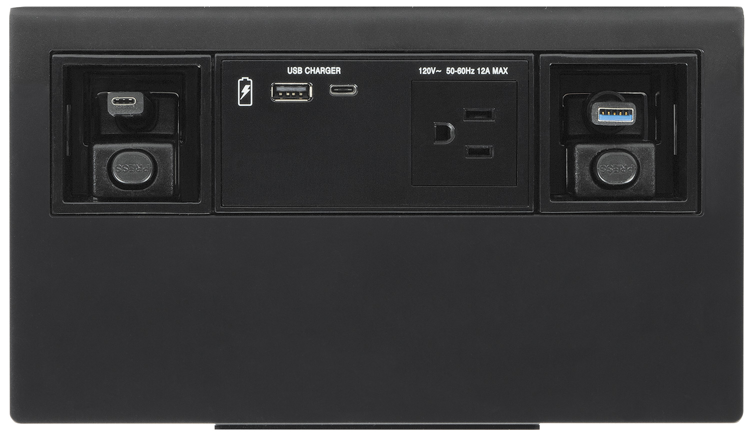 Cable Cubby F55 Edge is compatible with Retractor and Flex55 power modules available with USB-C and/or USB Type-A outlets and/or one unswitched AC power outlet for the US, Europe, and other major world markets; sold separately