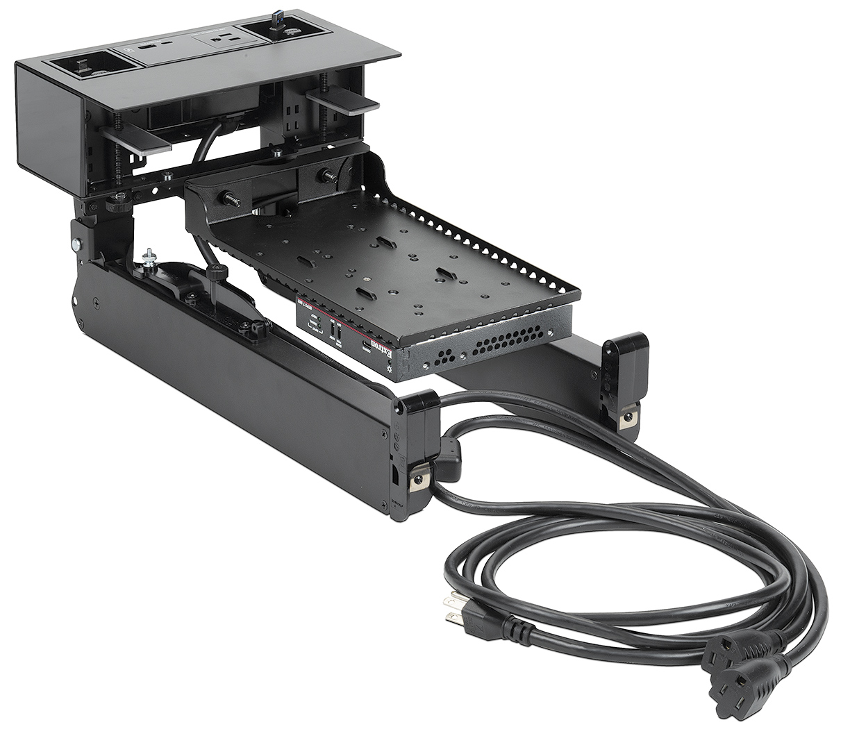Cable Cubby F55 Edge is compatible with PMK 155 Mounting Kit to install power supplies and other devices beneath the table; items sold separately