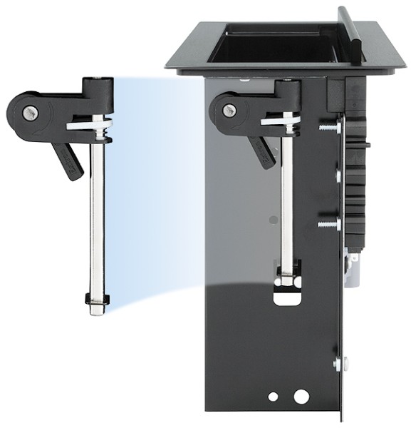 Integrated side clamps secure enclosure to the furniture surface without additional hardware or tools