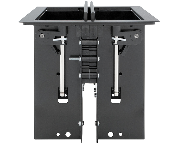 Integrated side clamps secure enclosure to the furniture surface without additional hardware or tools