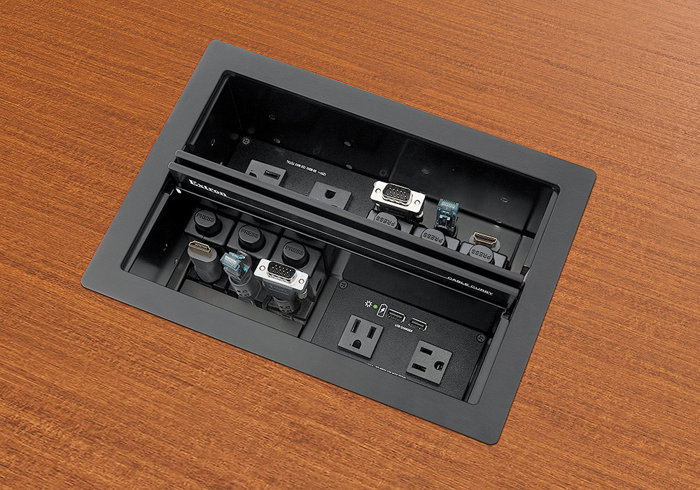 Cable Cubby 1402 shown with optional AC+USB 224 US power and Retractor modules