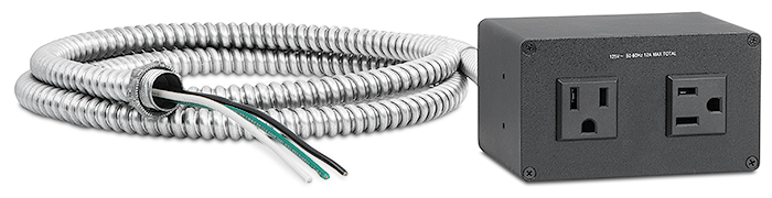 US conduit model features an attached flexible conduit with a pigtail of three-wire cable