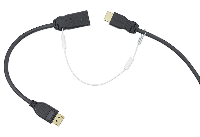 Shown installed - the DPM-HDF/0.5 4K PLUS is secured to a HDMI Ultra cable with a LockIt Cable Adapter Tether; tether and cable are not included.