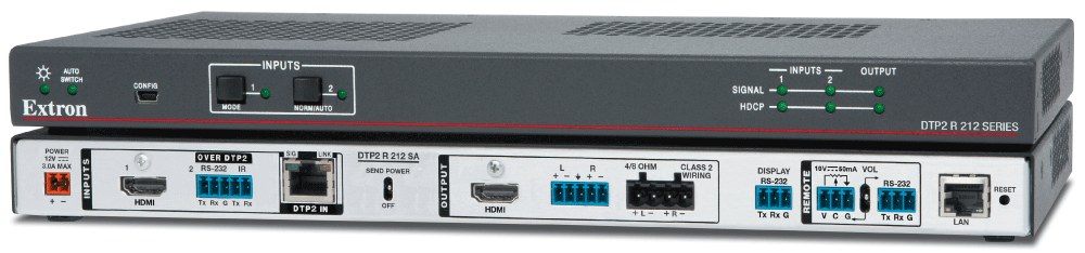 DTP2 R 212 SA - HDMI 4K/60 Receiver / Switcher with Integrated Stereo Amplifier<br /><SPAN class="text-error display-block">Extron XTP DTP 24 shielded twisted pair cable is strongly recommended</SPAN>