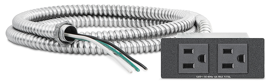 DUAL US AC conduit model features an attached flexible conduit with a pigtail of three-wire cable
