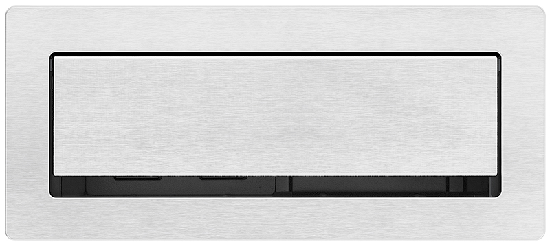Low-profile lid and full-width cable pass-through for convenient access to AV and power in brushed aluminum finish
