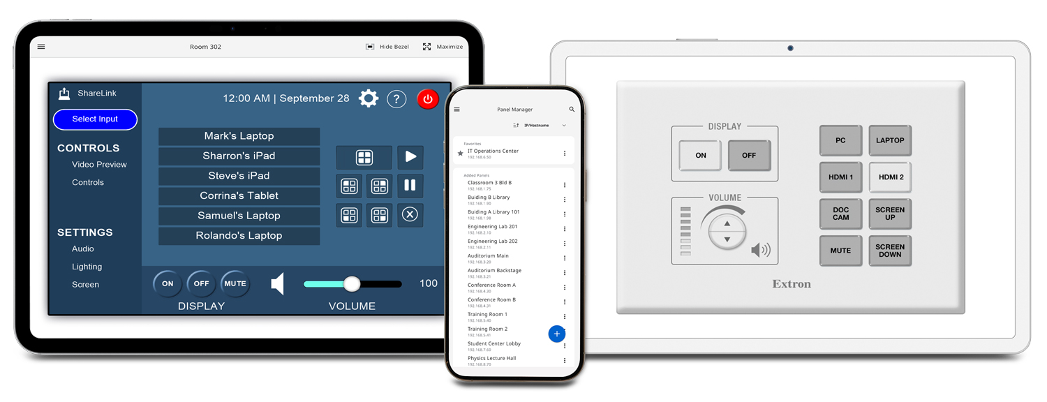 Extron Control Pro on an iPad, iPhone, and Android tablet