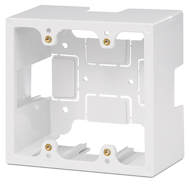 Two-gang wall box features four knockouts for external raceway channels