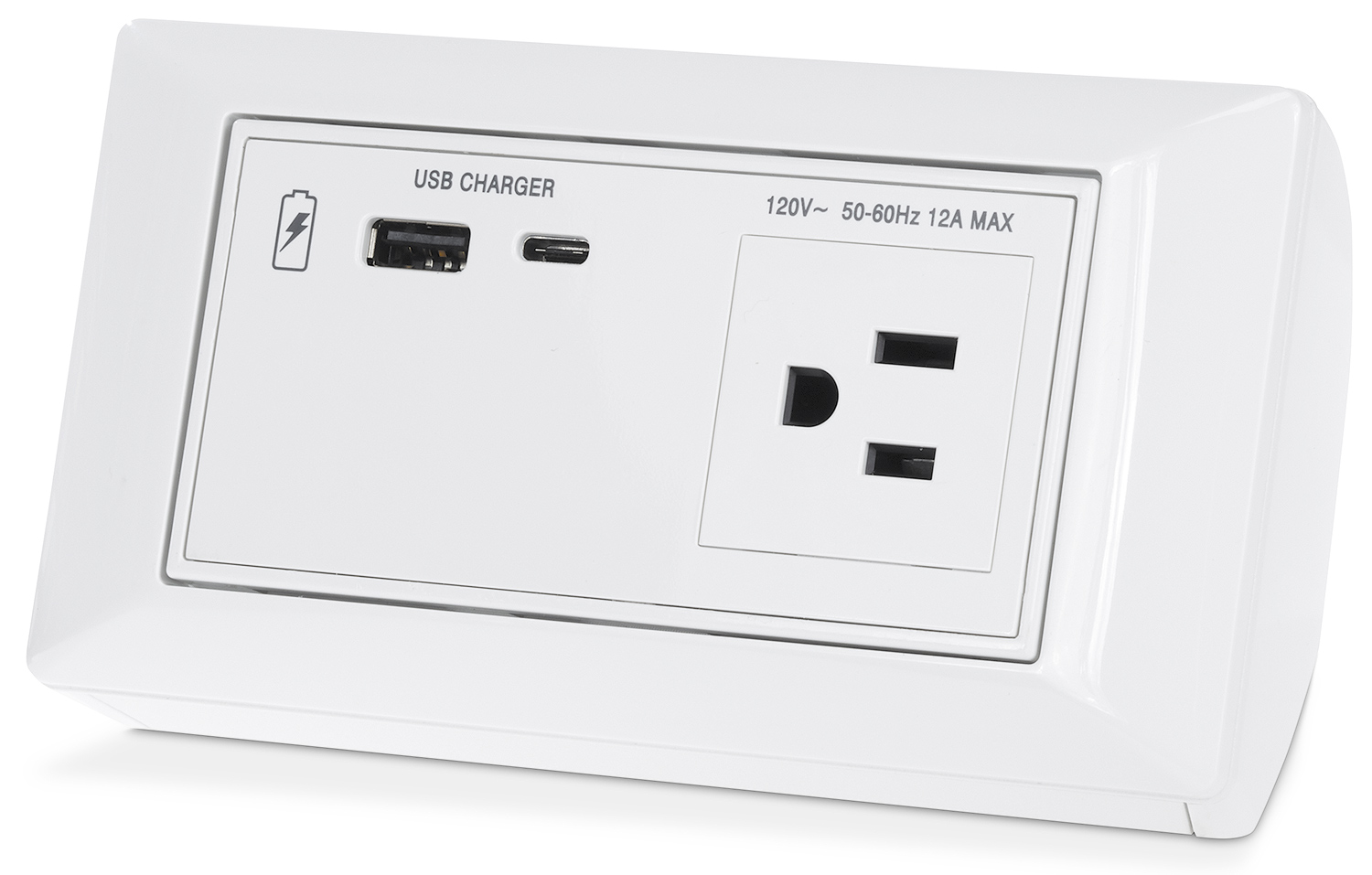 Flex55 AC+USB US shown with optional SMB 212 surface mount box and Flex55 112 mounting kit