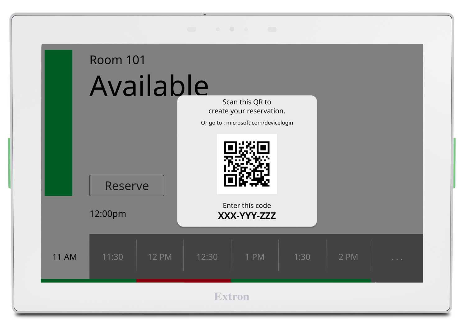 TLS 1025M - White:  Extron Room Agent users can scan a QR Code for Microsoft 365 or Google calendars to reserve, extend, check-in, and release meetings at the TLS panel.