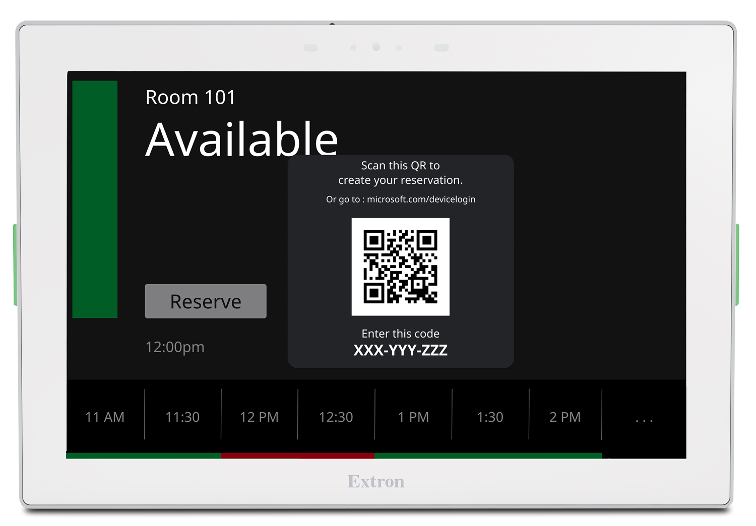 Extron Room Agent users can scan a QR Code for Microsoft 365 or Google calendars to reserve, extend, check-in, and release meetings at the TLS panel.