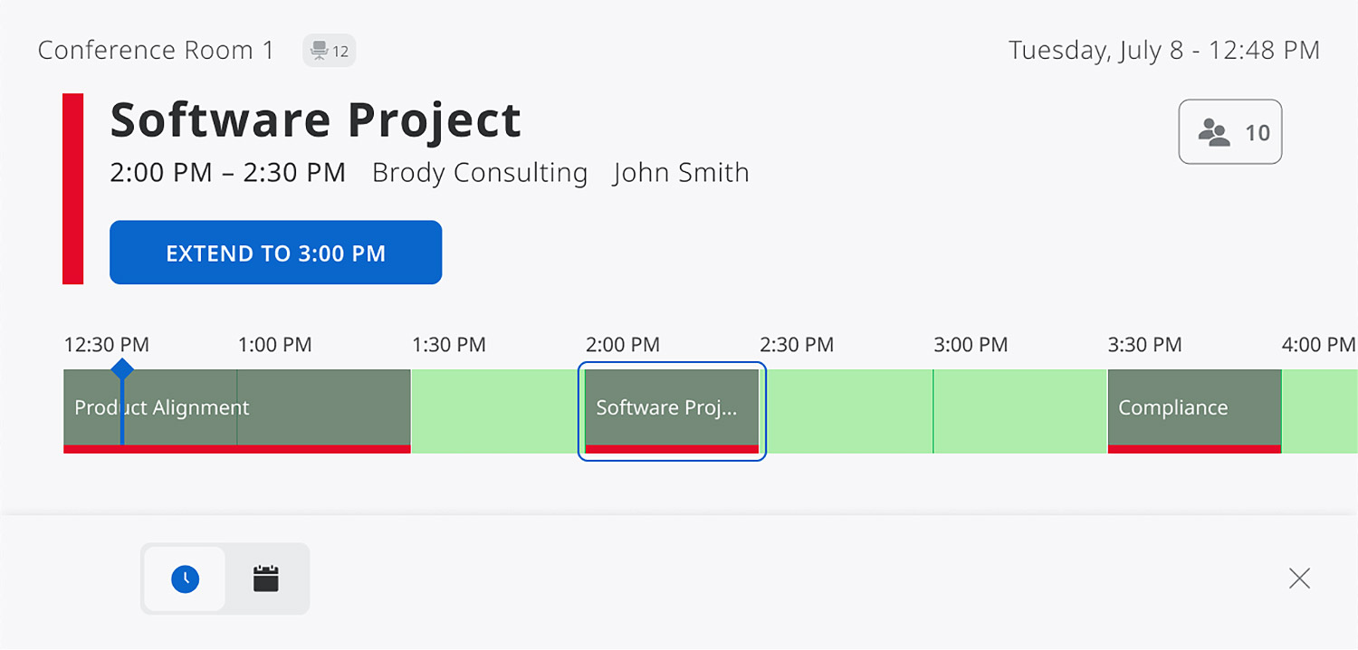 Enlarged view of the modal pop-out on the TLSI 201 Wayfinding Interface featuring a light theme, and showing the ability to extend the Software Project meeting. The room capacity is a maximum of 12 people, and there are 10 attendees.