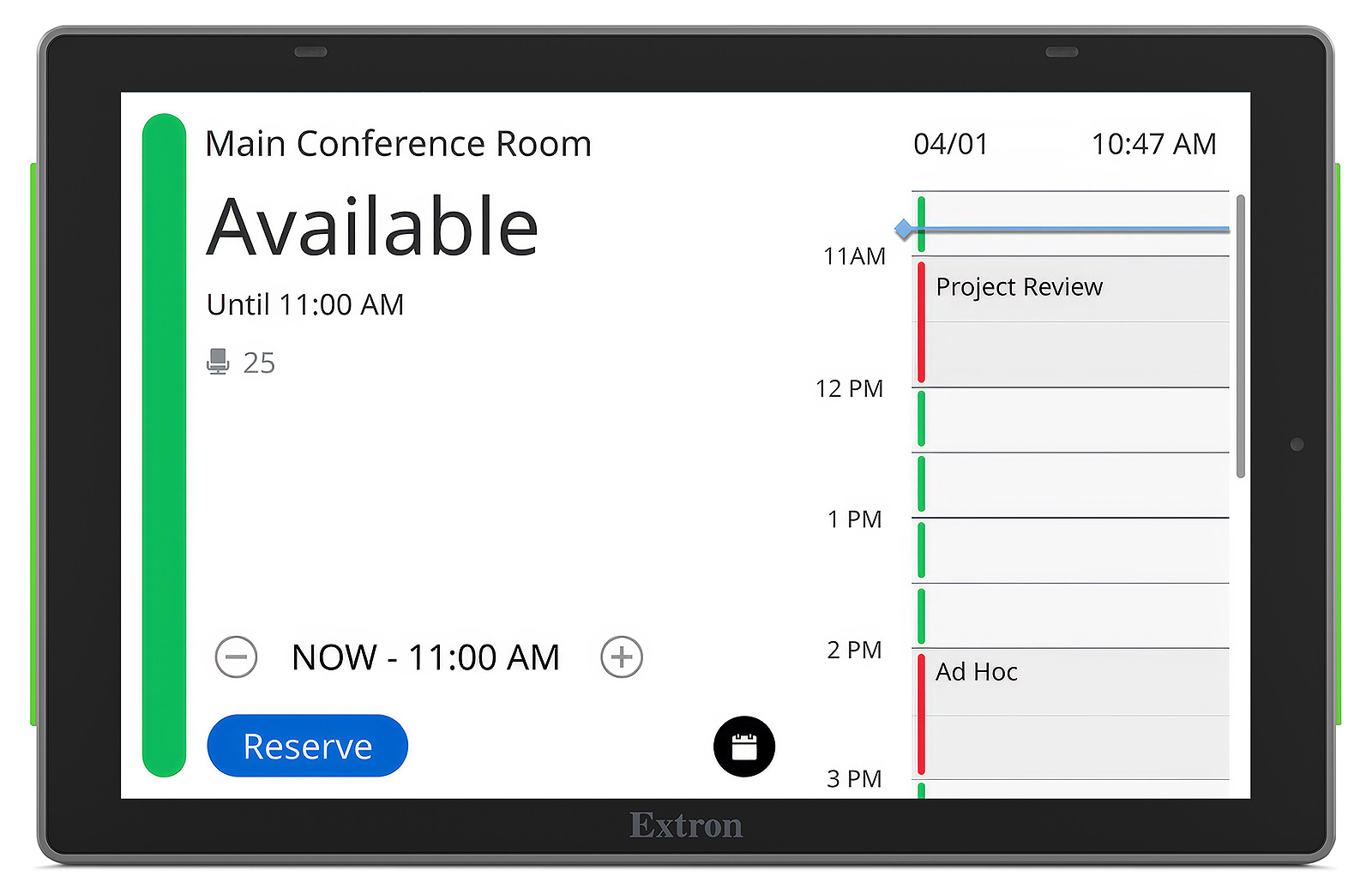 TLS 835M – Black Finish - Scheduling Touchpanel<br>User Interface Shows Room is Currently Available to Reserve